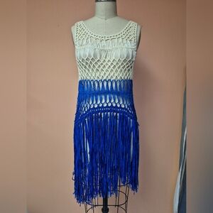 Blue and Cream Crochet Fringe Top
